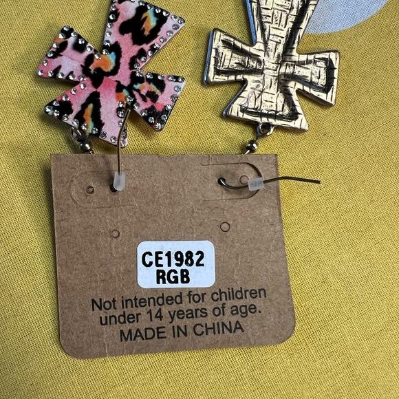 Pink Animal Print Crystal Embellished Metal Cross Earrings - Picture 2 of 3